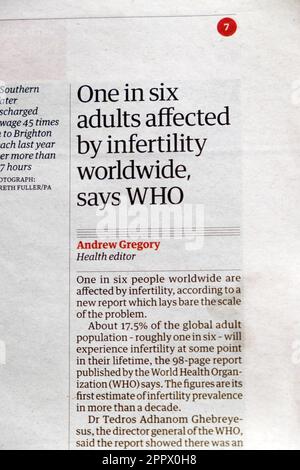 'One in six adults affected by infertility worldwide says WHO'  World Health Organization Guardian newspaper headline 4th April 2023 London UK Britain Stock Photo