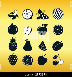 Black fruit icons isolate on gold background Stock Vector