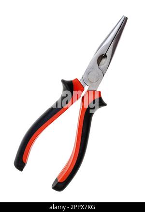 long-nose pliers with red and black rubber handle isolated on white background Stock Photo