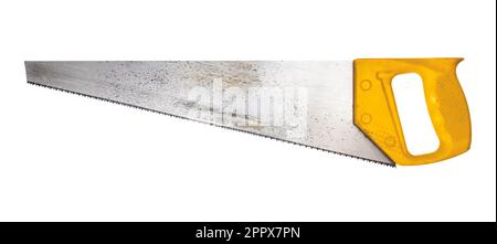 used steel crosscut hand saw with yellow plastic handle isolated on white background Stock Photo
