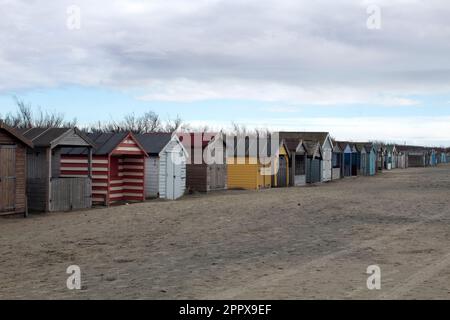 Row of coloured beach huts on West Wittering Beach on a sunny day, West Sussex, England UK Stock Photo