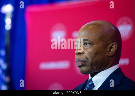 Mayor Eric Adams (Democrat of New York, New York) participates in a press conference during the ninth Annual Conference of the African American Mayors Association (AAMA) at the Omni Shoreham Hotel in Washington, DC on Friday, April 21, 2023.Credit: Rod Lamkey / CNP/Sipa USA (RESTRICTION: NO New York or New Jersey Newspapers or newspapers within a 75 mile radius of New York City) Stock Photo