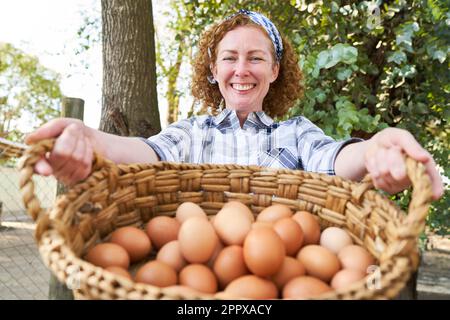 Portrait of happy mature female farmer showing wicker basket with brown eggs at poultry farm Stock Photo