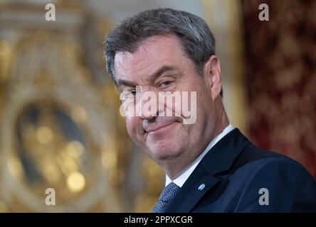 Munich, Germany. 25th Apr, 2023. Markus Söder (CSU), Prime Minister of Bavaria, attends a press conference after a joint cabinet meeting of Bavaria and NRW. Credit: Sven Hoppe/dpa/Alamy Live News Stock Photo