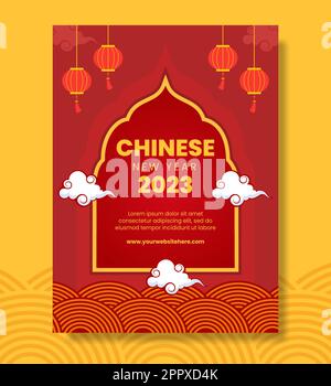 Happy Chinese New Year Poster Template Hand Drawn Cartoon Flat Illustration Stock Vector