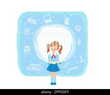 beautiful schoolgirl reads a book - frame with space for text Stock Vector