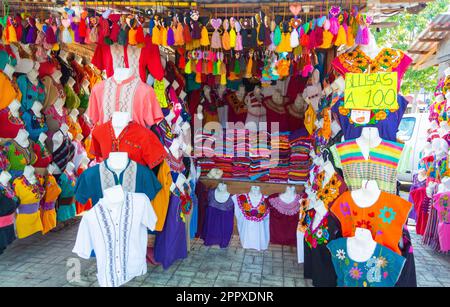 A stand with traditional shirts and souvenir articles in the downtown of Cancun, Cancun, Quintana Roo, Mexico Stock Photo