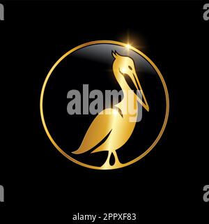 Golden Pelican Bird Logo Sign Stock Vector