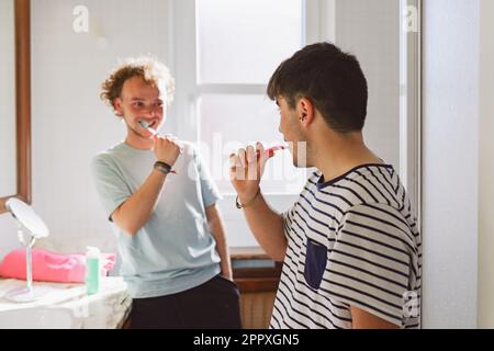 Young gay couple in domestic t shirts brushing teeth in bathroom in morning Stock Photo