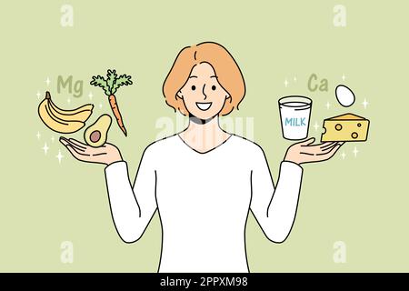 Smiling woman holding magnesium and calcium products Stock Vector