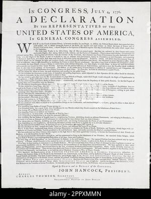 The United States Declaration of Independence.  This is a reproduction of a copy which was produced in unknown numbers and known as the Dunlap Broadside.  It is named after the printer, Irish immigrant John Dunlap, who typeset and printed the Declaration the same night it was presented to the Second Continental Congress, July 4, 1776. Stock Photo