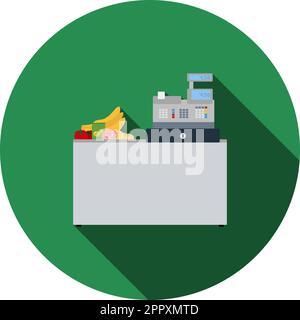 Supermarket store counter desk icon. Black background with white ...