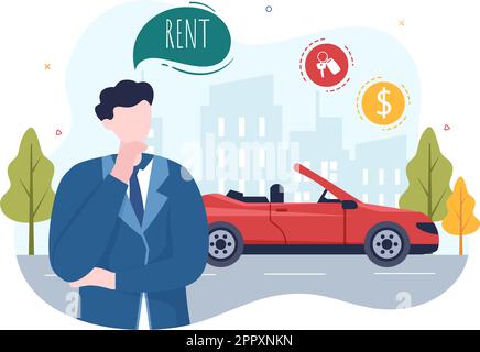 Car Rental, Booking Reservation and Sharing using Service Mobile Application with Route or Points Location in Hand Drawn Cartoon Flat Illustration Stock Vector