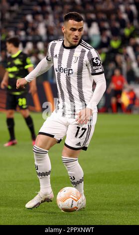 Turin, Italie. 13th Apr, 2023. Filip Kostic of Juventus during the UEFA Europa League, Quarter-finals, 1st leg football match between Juventus Turin and Sporting Portugal on April 13, 2023 at Allianz Stadium in Turin, Italy - Photo Jean Catuffe/DPPI Credit: DPPI Media/Alamy Live News Stock Photo