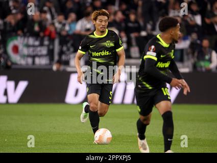 Turin, Italie. 13th Apr, 2023. Hidemasa Morita of Sporting Portugal during the UEFA Europa League, Quarter-finals, 1st leg football match between Juventus Turin and Sporting Portugal on April 13, 2023 at Allianz Stadium in Turin, Italy - Photo Jean Catuffe/DPPI Credit: DPPI Media/Alamy Live News Stock Photo