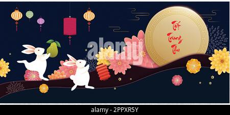 Mid autumn festival greeting card with cute rabbit and moon cake on blue background Stock Vector