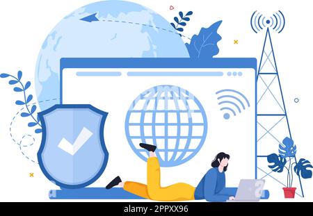 ISP or Internet Service Provider Cartoon Illustration with Keywords and Icons for Intranet Access, Secure Network Connection and Privacy Protection Stock Vector