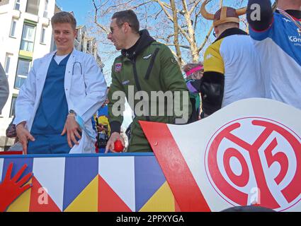 FSV Mainz 05 players float at the Fastnacht carnival 2023, Mainz Remains Foolish, city centre, Rhineland-Palatinate, Germany Stock Photo