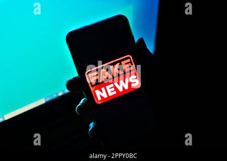 Hand holding a cell phone where the words fake news are shown on the screen. low-light, dramatic image suggesting danger or a dangerous attitude. Stock Photo