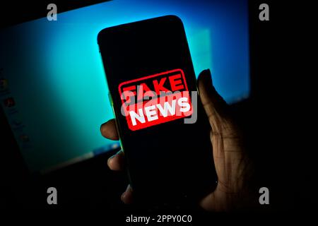 Hand holding a cell phone where the words fake news are shown on the screen. low-light, dramatic image suggesting danger or a dangerous attitude. Stock Photo