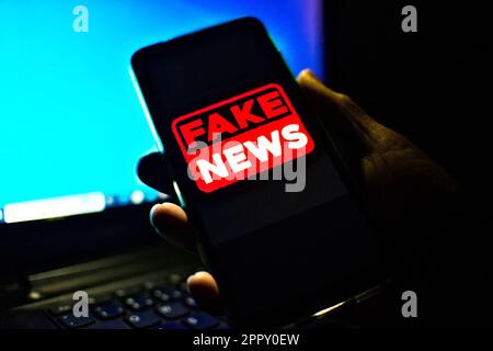 Hand holding a cell phone where the words fake news are shown on the screen. low-light, dramatic image suggesting danger or a dangerous attitude. Stock Photo