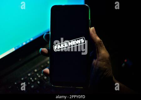 Hand holding a cell phone where the words fake news are shown on the screen. low-light, dramatic image suggesting danger or a dangerous attitude. Stock Photo