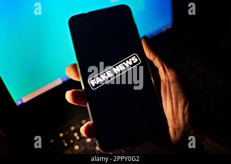 Hand holding a cell phone where the words fake news are shown on the screen. low-light, dramatic image suggesting danger or a dangerous attitude. Stock Photo