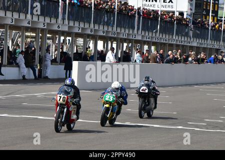 Rob Wittey, Smith Honda CR-S, Gary Vines, Yamaha TZ250L, Andy Hornby, RPS Triumph Trident, Hailwood Trophy featuring the Sheene Trophy, two 7 lap race Stock Photo