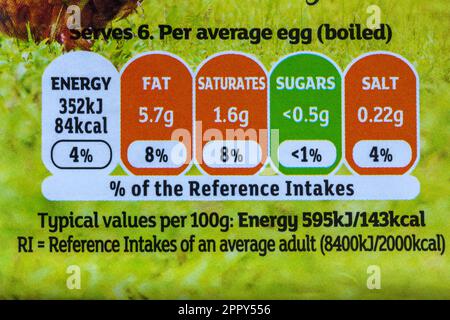 Nutritional information traffic lights system labelling colour coded label information on carton of 6 large British Free Range Eggs by Sainsbury's Stock Photo