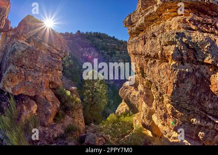 The Desert View Cliffs viewed from a crevice in a rock island just off the cliff line at Grand Canyon Arizona. Stock Photo