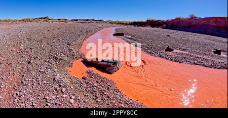 The red water of Lithodendron Wash in Petrified Forest National Park Arizona. The red color is from the bentonite clay in the surrounding hills. Stock Photo