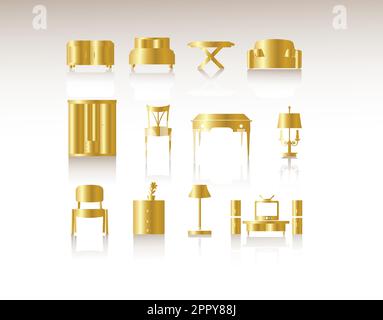 Gold icons furniture isolate on white background Stock Vector