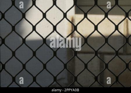 Closeup of fine mesh covering a frame of rectangles set in an angle. Stock Photo