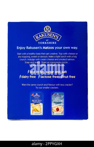 Information on back of box of Matzos flame baked cracker by Rakusen's of Yorkshire Stock Photo