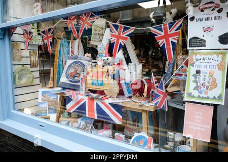 Gift shop window display for the coronation of King Charles III and Queen Camilla Stock Photo