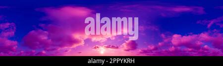 Dramatic magenta sunset sky panorama with magenta Cumulus clouds. Seamless hdr 360 pano in spherical equirectangular format. Complete zenith for 3D Stock Photo