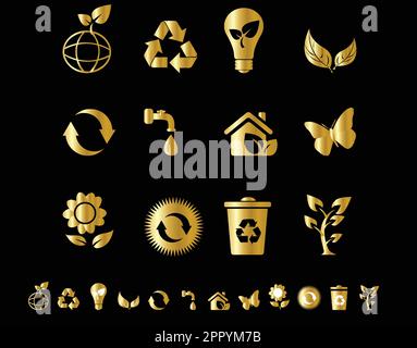 Gold eco icons isolate on black background Stock Vector