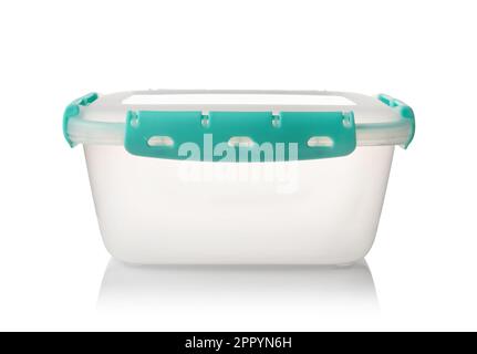 New plastic food container isolated on white. Stock Photo