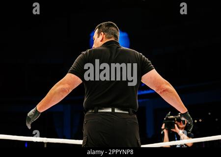 rear view of referee standing in ring during MMA fight on dark background Stock Photo