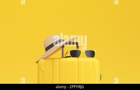 Close up of a Suitcase with sun glasses and hat on yellow background. Vacation concept. 3d rendering. Stock Photo