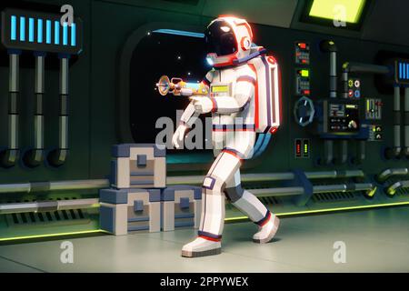 3D astronaut in spacesuit with blaster Stock Photo