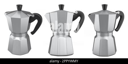 Italian geyser coffee maker a la moka on white background. 3d render of coffee pot for making espresso coffee Stock Photo