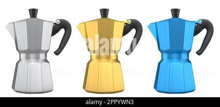 Italian geyser coffee maker a la moka on white background. 3d render of coffee pot for making espresso coffee Stock Photo