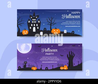 Halloween Night Party Horizontal Banner Template Hand Drawn Cartoon Flat Illustration Stock Vector