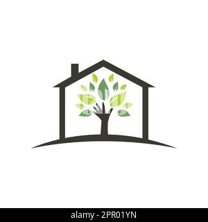 Creative green hand tree and house logo design. Natural home care logo. Spa logo. Beauty salon or yoga logo. Stock Vector