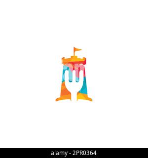 Fort and food sign combination logo concept. Restaurant and cafe logo concept design template. Stock Vector