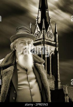 A Male Wizard in front of a Cathedral. Possible uses - Book cover, Web Page,Magazine, various illustrative uses, News,Gothic things. Stock Photo