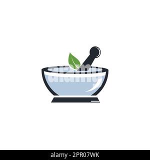 Pharmacy medical logo design. Natural mortar and pestle logotype, medicine herbal illustration symbol icon vector design. Stock Vector
