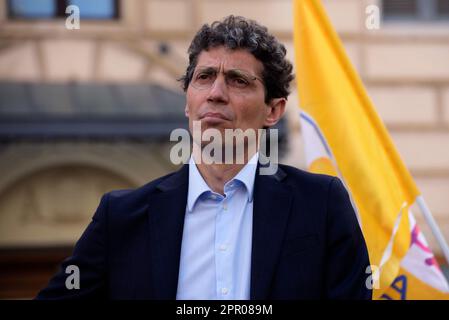 Rome, Italy. 25th Apr, 2023. Riccardo Magi attends the celebrations of Italy's liberation from Nazi fascism and full support for the Ukrainian resistance against dictator Putin's fascism in Rome (Photo by Vincenzo Nuzzolese/SOPA Images/Sipa USA) Credit: Sipa USA/Alamy Live News Stock Photo