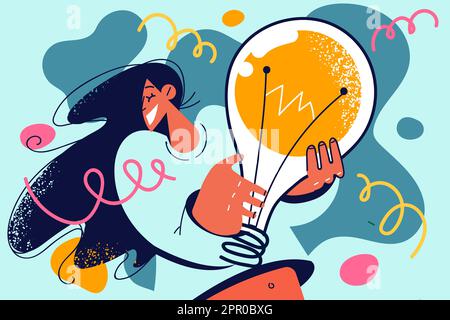 Smiling woman holding lightbulb Stock Vector